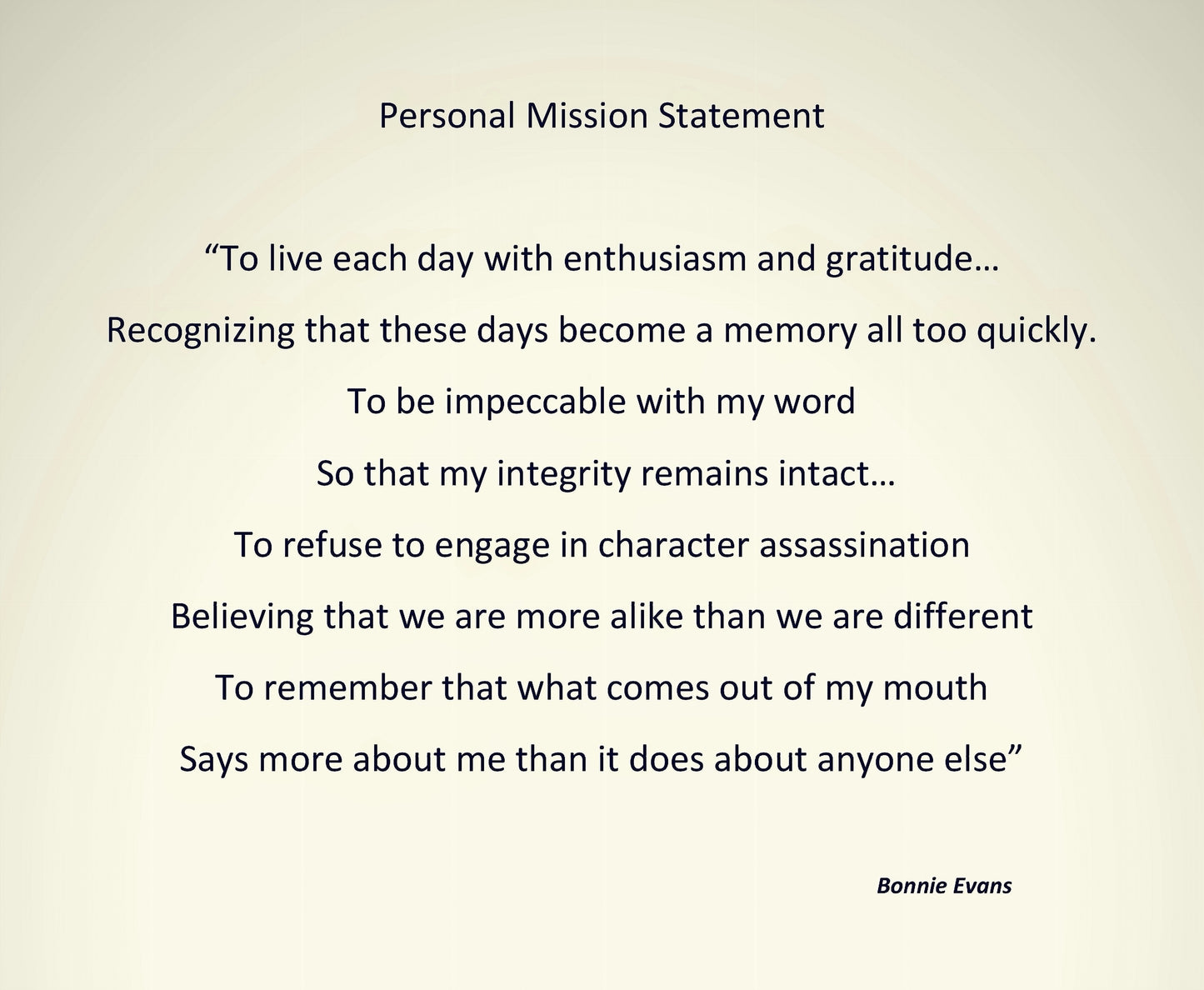 Personal mission statement text on a beige background