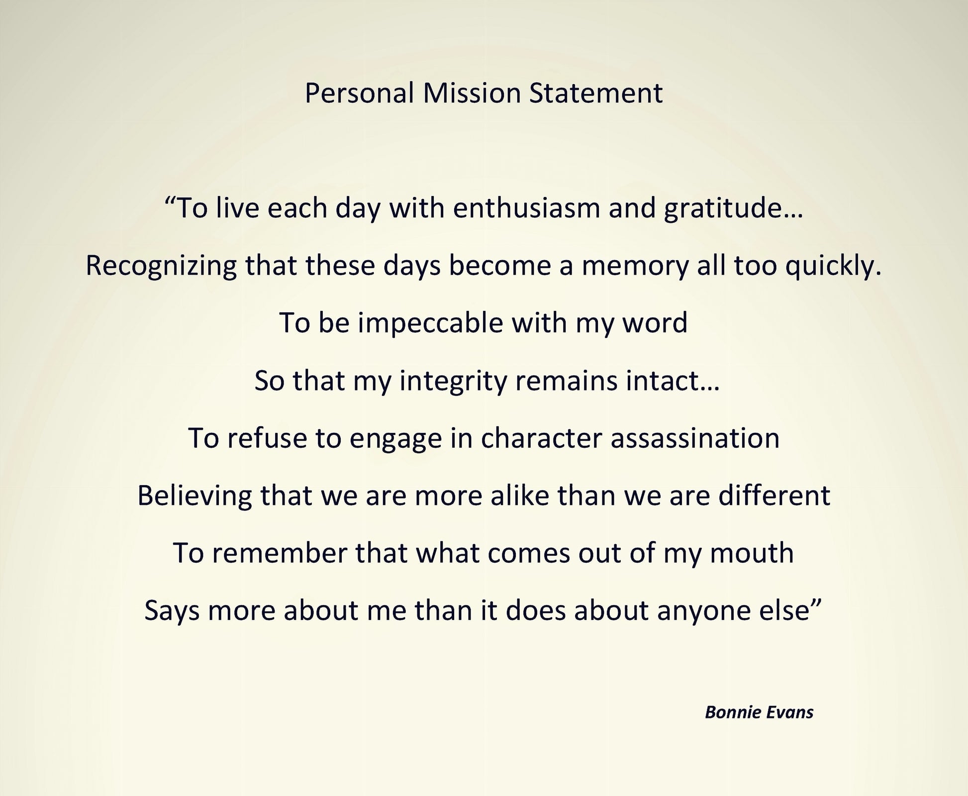 Personal mission statement text on a beige background