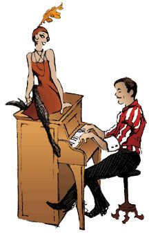 Cartoon illustration of a woman in an orange dress and a man in a red jacket playing a piano.