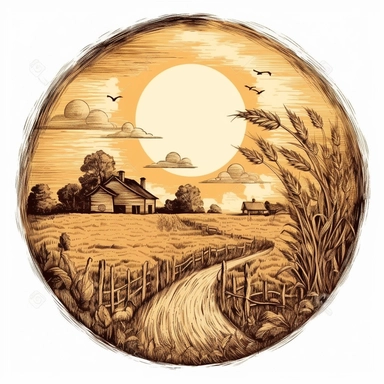 Wooden plaque with engraved landscape of a house, path, and sunset.