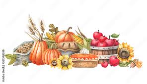 A watercolor illustration of a fall harvest arrangement with pumpkins, corn, apples, wheat, sunflowers, and a basket of bread on a white background.
