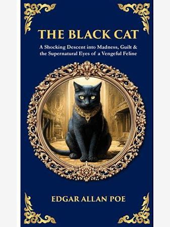 Book cover for 'The Black Cat' by Edgar Allan Poe, featuring a black cat seated inside an ornate gold oval frame on a deep blue background with gold decorative corner flourishes.