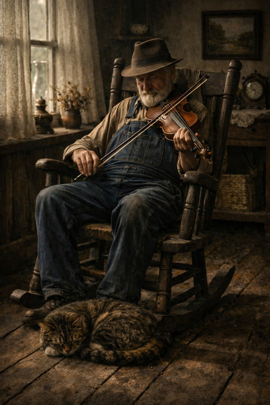 Framed wall art print showing an elderly man playing violin in a chair