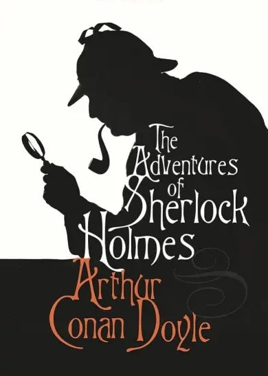 Silhouette of a detective with a magnifying glass and text 'The Adventures of Sherlock Holmes' by Arthur Conan Doyle on a white background.