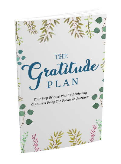 Book titled 'The Gratitude Plan' with leaf patterns on a white background