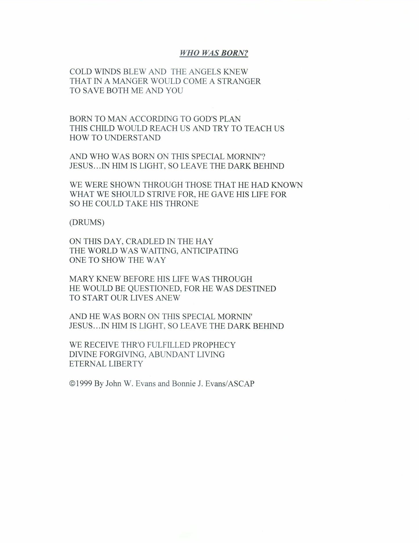 A page of printed text titled 'WHO WAS BORN' with verses or lyrics about being born into the world, set on a white background with black text.