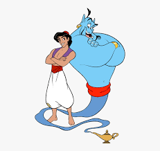 A cartoon illustration of Aladdin and the Genie from Disney's Aladdin, with a small gold lamp at the bottom, on a plain white background.