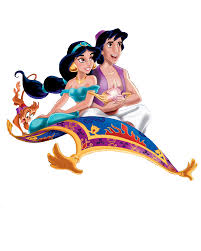 A cartoon illustration of Jasmine Al-Faruq and Prince Ali riding a colorful magic carpet, isolated on a white background.