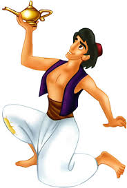 Cartoon illustration of Aladdin kneeling and holding up a gold lamp, with a purple vest, brown sash, and white pants on a plain white background.