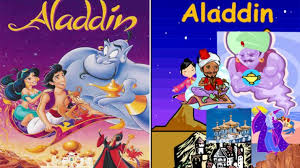 A split-screen comparison of two colorful cartoon posters or book covers titled 'Aladdin'. The left side shows a classic purple-toned scene with a blue genie, a child princess, and a child prince on a magic carpet.
