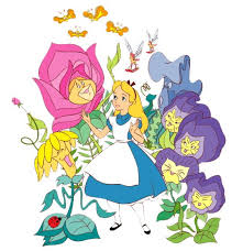 A colorful cartoon illustration of Alice from Alice in Wonderland surrounded by oversized flowers, butterflies, and a blue creature on a white background.