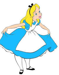A cartoon illustration of Alice in Wonderland wearing her signature blue and white dress, with yellow hair and black shoes, shown against a plain white background.