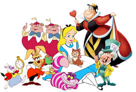 A colorful cartoon illustration featuring multiple Alice in Wonderland characters, including the Queen of Hearts, the Cheshire Cat, the Mad Hatter, the White Rabbit, and the Queen, set against a plain white background.