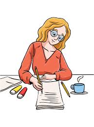 A cartoon-style illustration of a woman with blonde hair and glasses, wearing an orange top, sitting at a desk and writing in a notebook. A pencil, markers, and a cup of coffee are visible on the desk against a plain white background.