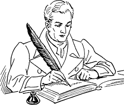 Black and white line art illustration of a man in a suit writing in a book with a large feather quill pen.