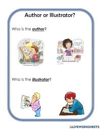 Worksheet page 'Author or Illustrator?' with question boxes and small scene illustrations