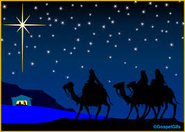 A Christmas-themed illustration featuring silhouettes of three camels and three wise men under a starry night sky, with a small stable on the left. The scene is rendered in dark blue, black, and white, with a thin yellow border around the artwork.