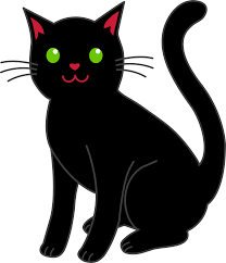 A cartoon-style black cat with bright green eyes, pink inner ears and nose, and a pink mouth, shown on a plain white background.