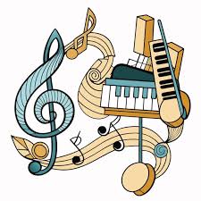 Colorful illustration of musical notes and a keyboard on a white background