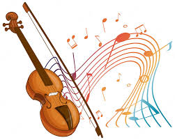 A stylized illustration of a brown violin and bow with colorful musical notes and staff lines flowing from it on a white background.