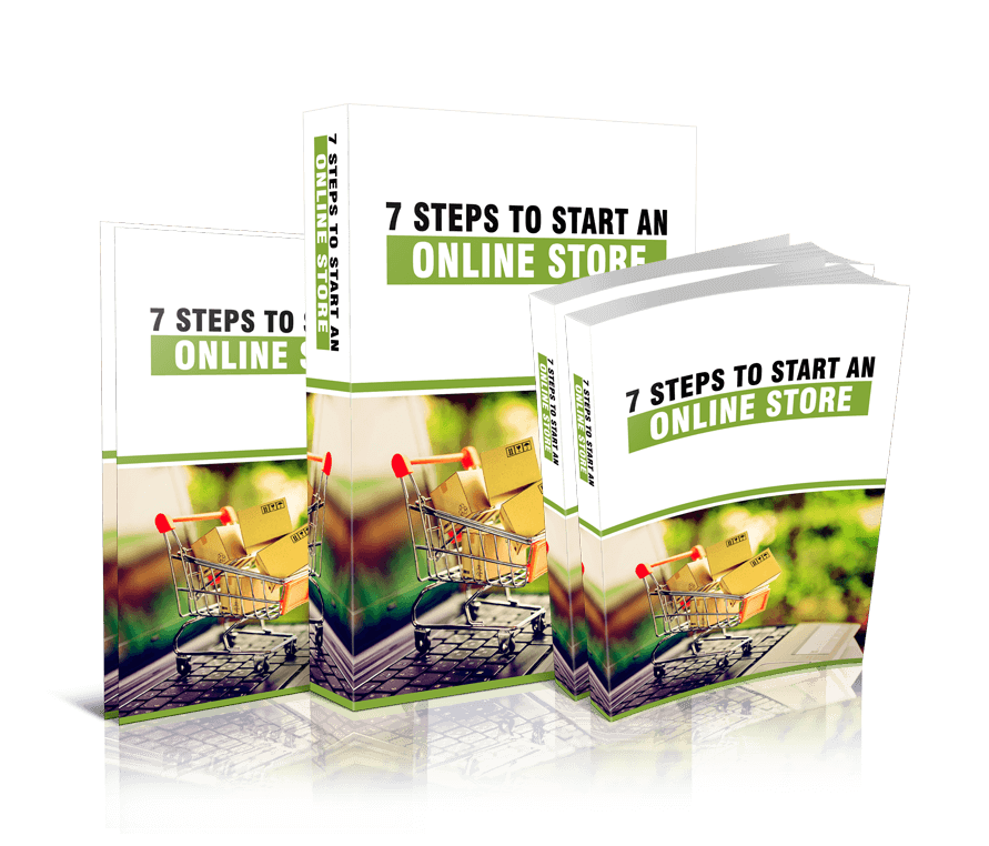 Online store startup guide book set, green title panel with shopping cart graphic