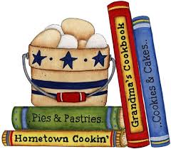 Illustration of a wooden bucket with eggs, books titled 'Pies & Pastries', 'Hometown Cooking', and 'Grandma's Cookbook'.