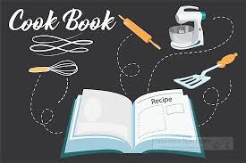 Cookbook with recipe pages, kitchen utensils, and a blackboard background