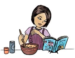 Illustration of a woman cooking from a recipe book.