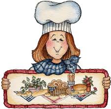 Illustration of a chef holding a sign with food items