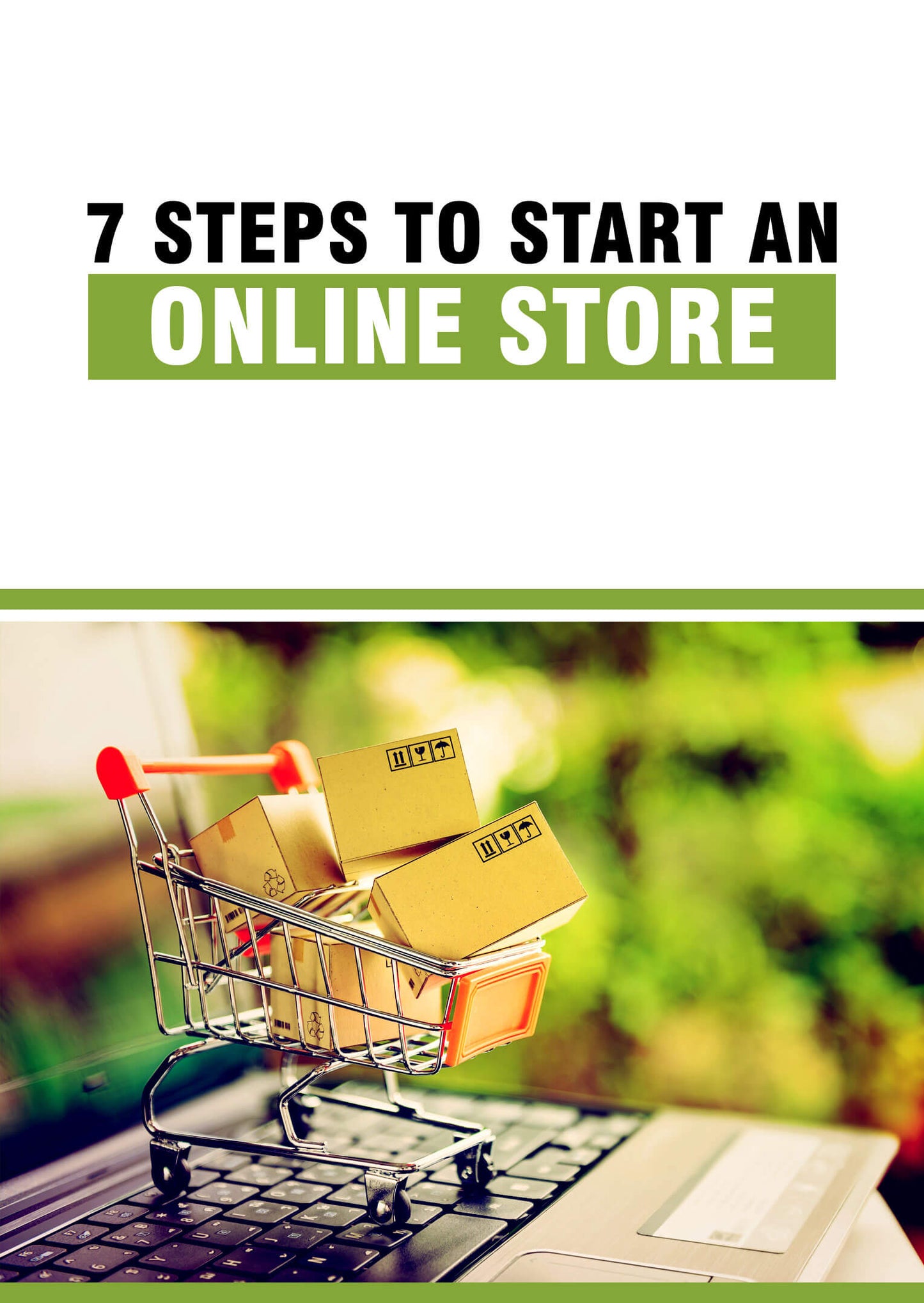Online store startup guide book cover with green title and shopping cart illustration