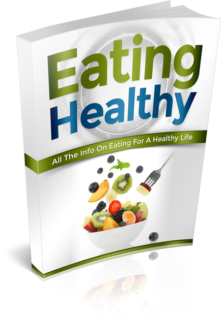 A 3D book cover mockup for 'Eating Healthy' with a white background, featuring green and blue title text and an illustration of a fruit salad on the front cover.