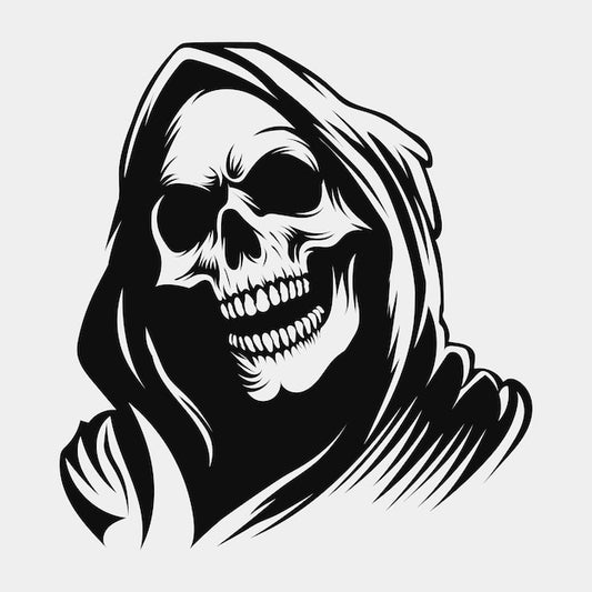 Black and white graphic illustration of a hooded grim reaper skull on a light gray background.