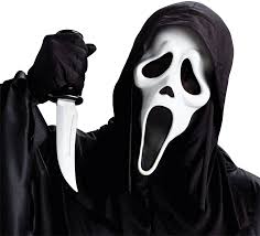 Person wearing a black hooded outfit and white mask holding a knife on a white background