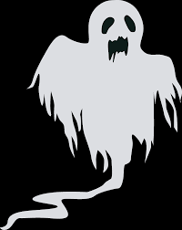 A white ghost-shaped Halloween decoration or decal with a jagged, dripping edge and a trailing tail, shown on a solid black background.