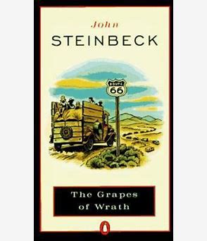 Book cover of John Steinbeck's 'The Grapes of Wrath' featuring a vintage illustration of a truck carrying people along Route 66, with the Penguin logo at the bottom.