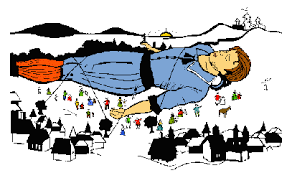 A stylized cartoon illustration of a person in a blue outfit lying on the ground above a village, with small figures and hills in the background.