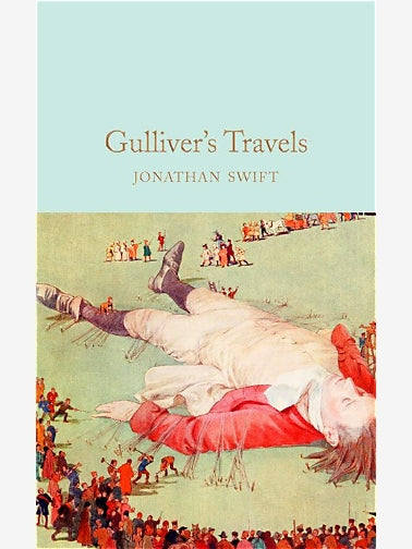 Book cover for 'Gulliver's Travels' by Jonathan Swift, featuring a pale aqua title band at the top and a detailed illustration below showing a giant figure in red and white clothing on a grassy landscape with small figures and crowds.