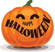 An orange Halloween pumpkin illustration with a green stem and black facial features, plus the words 'HAPPY HALLOWEEN' across the front.