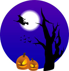 Halloween graphic featuring a purple circular night sky with a full white moon, a witch riding a broomstick, silhouettes of flying bats, a bare tree, and two glowing jack-o'-lantern pumpkins at the bottom.