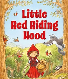 Children's story art cover with red hooded girl, basket, and gray wolf