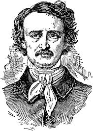 Black and white engraved portrait illustration of Edgar Allan Poe with curly hair and a mustache, wearing a high collar and bow tie, on a plain background.