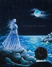 A fantasy night scene painting showing a glowing white-robed woman standing on rocks by a blue water surface under a full moon, with a dark figure in the foreground. The artwork includes the text 'A King of Mine Shadows' and 'King of Magic Shadows' as part of the composition.