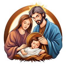 A stylized illustration of the Holy Family with Mary, Joseph, and baby Jesus in a circular frame, shown on a plain white background.