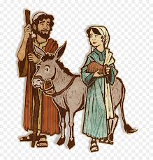 A stylized illustration of a man in a brown robe holding a staff, a woman in a teal dress holding a basket, and a donkey, shown on a transparent checkerboard background.