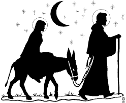 Black and white Christmas silhouette illustration featuring Saint Joseph , Mary and the baby Jesus on a donkey under a crescent moon and stars.