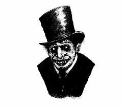 A black and white graphic illustration of a creepy, wide-eyed man in a tall top hat and dark suit, set against a plain white background.