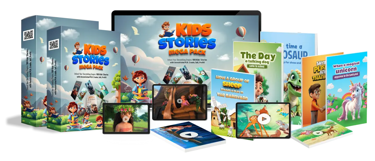 Collection of children's books and digital devices labeled 'Kids Stories' on a white background