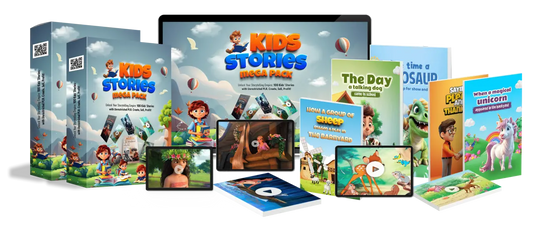 Collection of children's books and digital devices labeled 'Kids Stories' on a white background