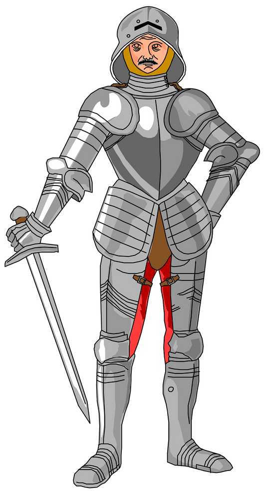Illustration of a knight in full armor holding a sword on a gray background