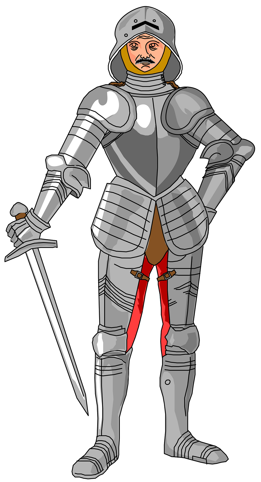Foundlings armored knight in gray suit with hood, red pants, holding a sword
